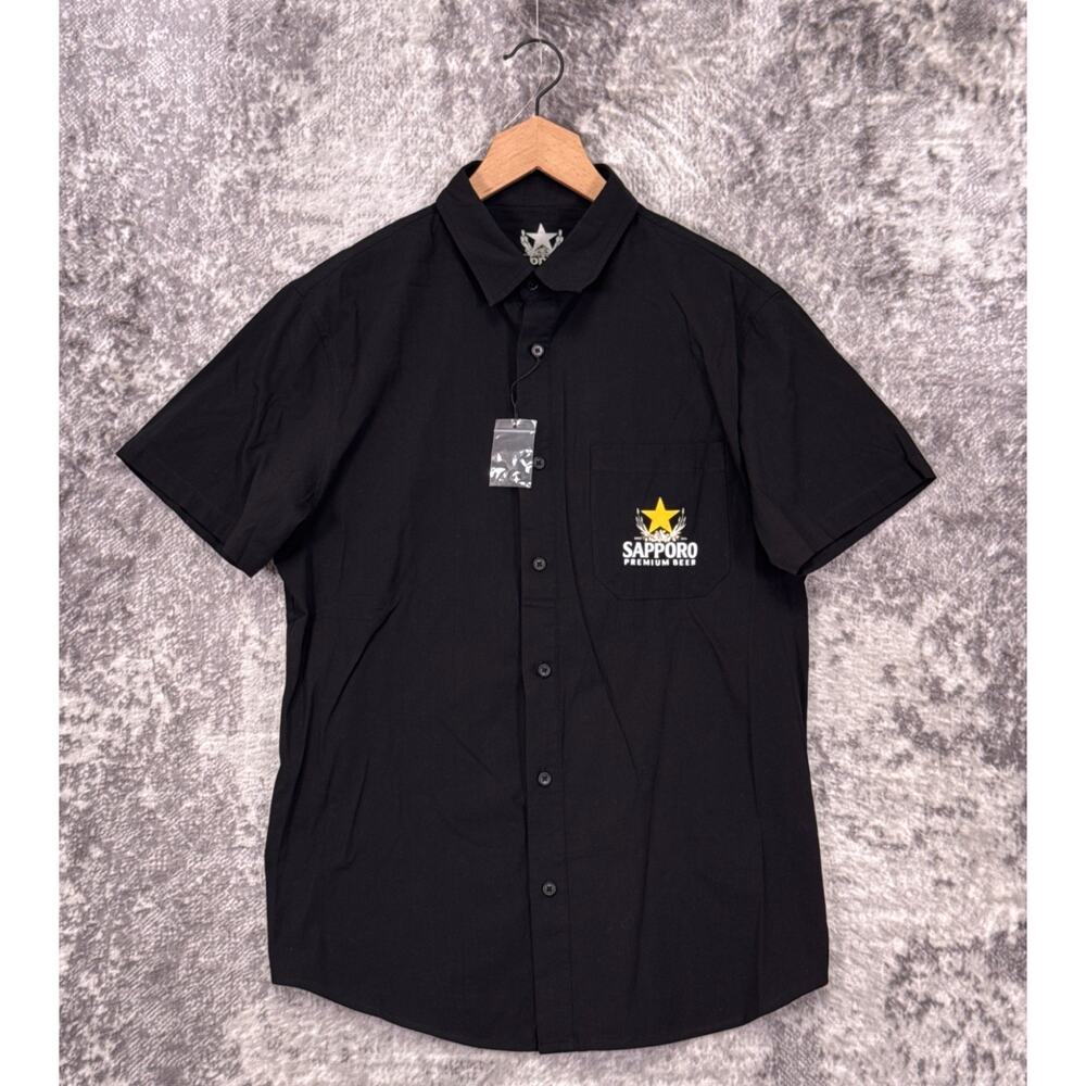New Sapporo Shirt Large Mens Black Brewery Worker Shirt Button Down Short Sleeve